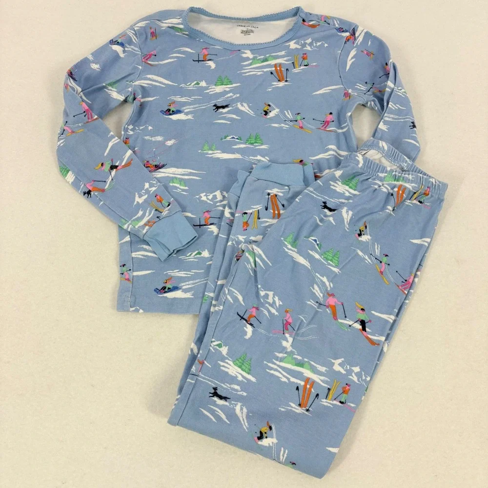 Janie and Jack Pajama Set Kids‎ Size 12 Blue Cotton Winter Ski Trip Graphic